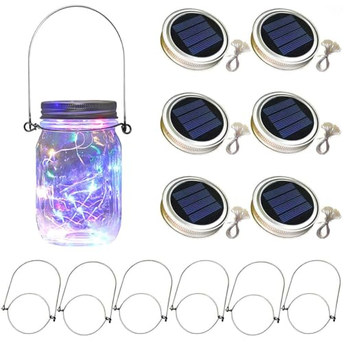 EHOTER Mason Jar Lid Lights 6pcs Waterproof LED Solar Lanterns Outdoor Hanging Fairy String Lights with 6 Hangers for Home KTV Party Patio Garden Trees Decor (Multi-Colored)