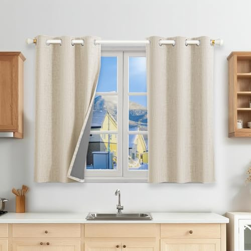 Runyéla 100% Verdunklungsvorhänge Leinen Gardinen mit Ösen, Thermovorhang | 2er Set, H120xB90 Hellbeige, Leinenoptik Vorhang Blickdicht, UV-Schutz Wärmeisolierend Schallschutz Schlafzimmer Wohnzimmer