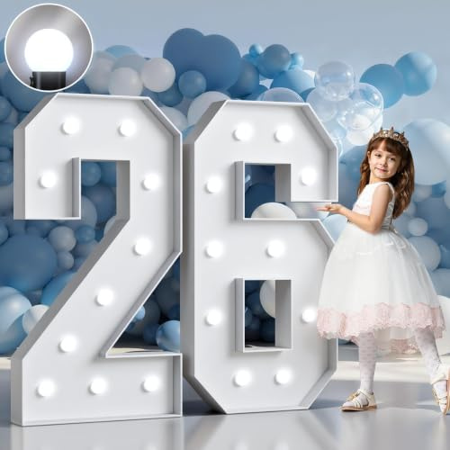Marquee Numbers 4 Feet Tall Big Light Up Numbers 26th Birthday Decorations Women Men Graduation Decorations 2026 White Anniversary Party Decor Large Cardboard Prop Backdrop Sign 26