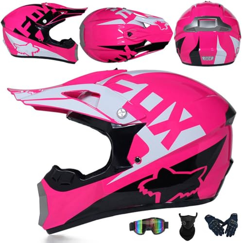 Motocross Helm Kinder Erwachsene Dirt Bike Offroad Cross Helm Herren ATV Helms Jugend Motorradhelm MX Enduro Full Face MTB Helms DOT/ECE-Zertifizierter Mit Brille Maske Handschuhe,Pink-S