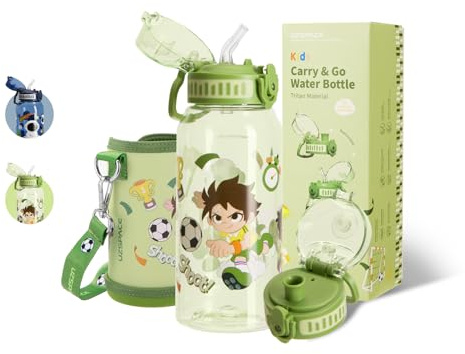 UZSPACE Trinkflasche Kinder 600ml mit Hülle und 2 Deckeln, Auslaufsicher, Einhandbedienung, BPA-frei Tritan Trinkflasche mit Strohhalm Kinder für Jungen Mädchen Schule Kindergarten, Grün Fußball