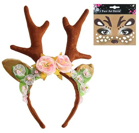 Gleemix Reh Haarreif Damen Set, Karneval Kostüm Damen Set mit Geweih Haarreif und Glitzer Rentier Gesichtstattoo, Kopfschmuck Haarreifen, Reh Kostüm Karneval, Fasching, Mottoparty, Halloween
