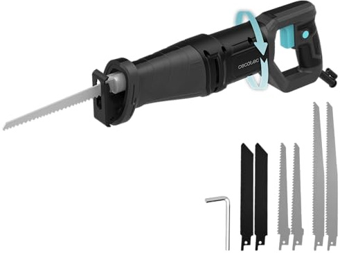 Cecotec Säbelsäge LongFlex 710 Pro. 710 W, 20 mm Hublänge, bis 115 mm Schnitttiefe, drehbarer Griff, werkzeugloser Blattwechsel, 6 Sägeblätter inklusive (Holz/Metall), flexibel für Heimwerker