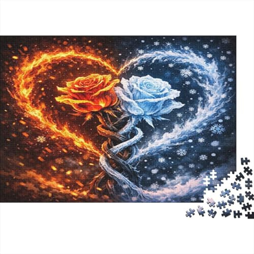 Feuer Rose Herz 1000 Teile Puzzle Recycling-Pappe Feuer-EIS Rosen Erwachsene Lernspiel Wanddeko Jubiläum 70x50cm