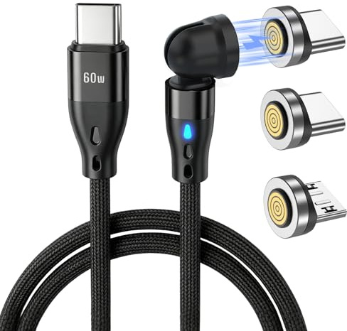 60W Cable Magnético de Carga Rápida, 6 en 1Cable USB C a Micro USB/Tipo C | Rotación de 540 Grados, Transferencia de Datos 480Mbps, for iPhone 16 15 14 13 Pro MAX iPad Samsung Galaxy Pixel Portatil, 2M