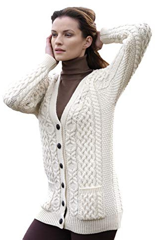 Aran Crafts Women's Irish Cable Knit Soft Buttoned Cardigan (100% Merino Wool)