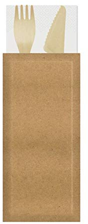 50 Set bis Posate in Legno Betulla COMPOSTABILE forchetta Coltello 16,5 cm. tovagliolo 2 veli 33x33 sigillato inbustate biodegradabili Uni EN13432 ECOWOOD