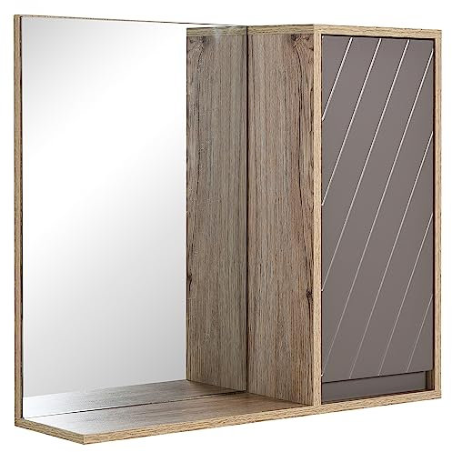 HOMCOM Spiegelschrank Badschrank Hängeschrank Badmöbel Wandschrank Mehrzweckschrank, Spanplatte+MDF, Grau+ Natur,57 x 14,2 x 49,2 cm