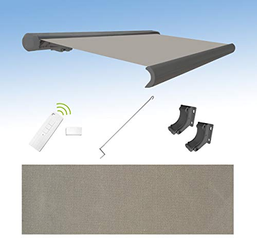 Eclipse Vollkassettenmarkise elektrisch 3x2,5m basaltgraues Gehäuse Markise Balkon Terrassenüberdachung Gelenkarm Polyacryltuch UV-Schutz 50+ Smarthome-fähiger Dooya Motor, Markisentuch: Grau