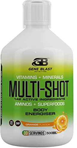 Gene Blast Multi-Shot Liquid Multivitamin w/142 Active Health & Sports Vitamins, Minerals, Aminos & Superfoods-Support Your Fitness & Active Lifestyle Goals-500ml-33 Shots