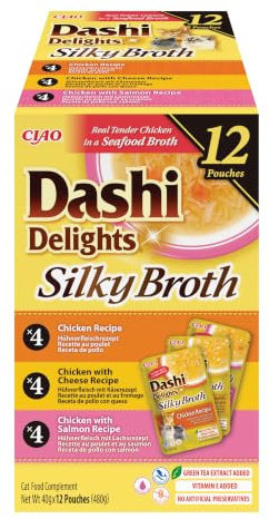 INABA Dashi Delights Katzenfutter Nass mit 93% Feuchtigkeit und Echtes Hühnerfleisch in Silky Broth, Köstliche Katzenleckerlis die Ihre Katze mit Flüssigkeit versorgen 40 g (12er Pack)
