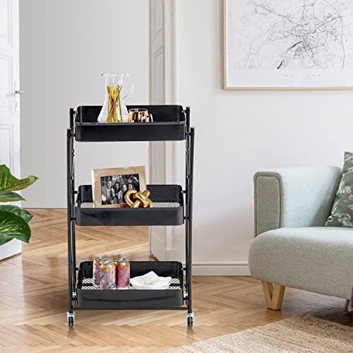 HYGRAD BUILT TO SURVIVE 3 Tier Multipurpose Metal Mesh Rolling Foldable Cart Trolley For Salon Work Office Home utility cart, bar cart, craft cart, laundry cart, kitchen cart.