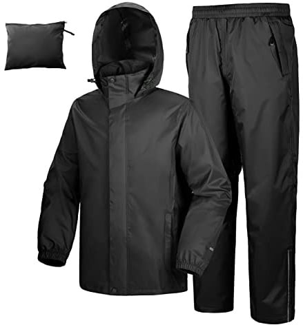 33,000ft Men's Waterproof Rainsuit Hooded Rain Jacket Rain Trousers Packable Raincoat Sets Windproof 2 Piece Rain Suit with Safety Reflectors for Fishing Hiking Camping Black S