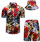 fohemr Herren barock 2-Teiliges Outfit Golden Chain Muster Rot Hemd shorts mit Eimerhut Freizeitanzug Sommer Urlaub Strand set 3X-Large
