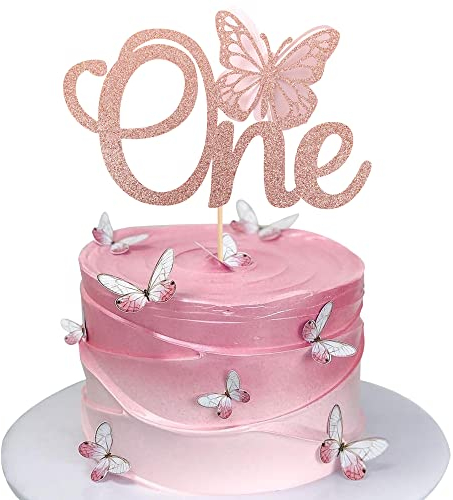 Xsstarmi 1 PCS Butterfly One Cake Topper Rose Gold Glitter Baby Shower Butterfly 1st Birthday Cake Pick for Butterfly Theme Baby Shower 1st Birthday Party Cake Decoration Supplies