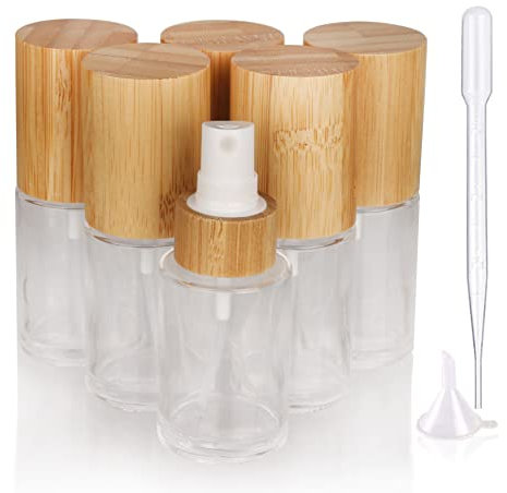 COSIDEA Lot de 6 flacons vaporisateurs vides en verre transparent avec couvercle en bambou de 30 ml avec tête fine pour diffuseur de parfum liquide, articles de toilette, flacons de toner