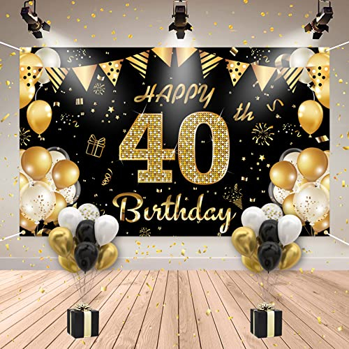 HLEIUKT 40 Geburtstag Deko Männer und Frauen, 40. Geburtstag Banner Schwarz Gold, 40 Jahre Banner Geburtstag mit 20 Stück Luftballons, Extra Große Stoff Hintergrund Geburtstagsdeko Party Deko