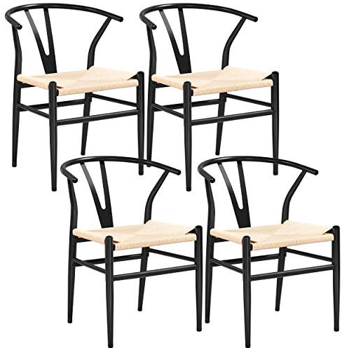 Yaheetech Set of 4 Dining Chair Weave Armchair Modern Accent Chairs for Living Room Dining Room Y-Shaped Backrest Chair Black
