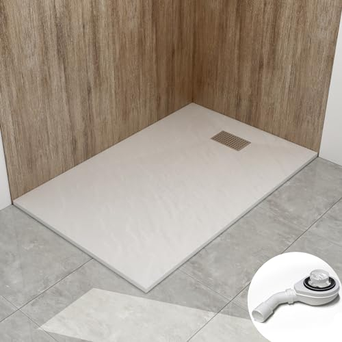WITEN&NOCK Duschwanne 140x80 cm SMC Brausewanne Steinoptik Antirutsch Duschtasse Höhe 3,2 cm Niedrige Schwelle Extraflach Brausetasse mit Edelstahl-Abflussrinne und Ablaufgarnitur Ø 90 mm
