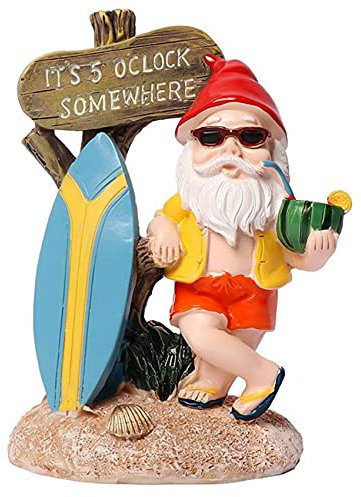 Glakyur Figurines de nain amusantes en résine avec panneau de planche de surf It's 5 O'Clock Somewhere Statue Décoration de jardin