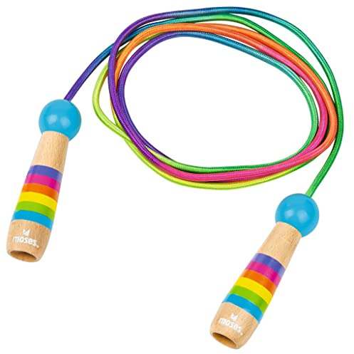 moses. Regenbogen Springseil, verstellbares Springseil für Kinder, buntes Hüpfseil mit Holzgriffen, trainiert Ausdauer, Kraft und Fitness