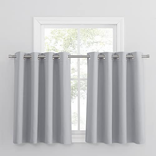 PONY DANCE Scheibengardinen Blickdicht Küchengardinen Kurz Ösenschal 2er Set H 90 x B 132 cm Verdunklungsvorhänge Grau Vorhang Blickdicht Kurz, Silbergrau