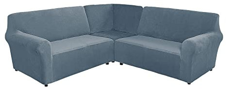 GUYIRT Samt Sofabezug L Form für 5 Sitzer, 3 Stück Stretch L Form Sofa überzug weich Ecksofabezug Möbelschutz für Ecksofa -grau Blau-5 Sitzer