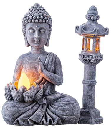 TERESA'S COLLECTIONS Decoration Jardin Exterieur Bouddha avec Lanterne en Pierre,Statue de pagode Solaire,Statue de Bouddha en méditation,Décoration pour Jardin, Cour, terrasse,Cadeau Fete des Peres