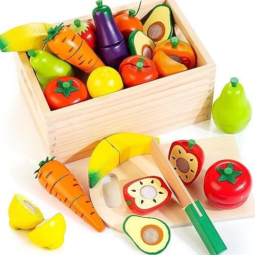 WOODMAM Fruits et Légumes Jouets pour Enfants, Jouets Jouet coupés à Dessiner en Bois Cadeau Fille Garcon 2 3 4 5 6 Ans