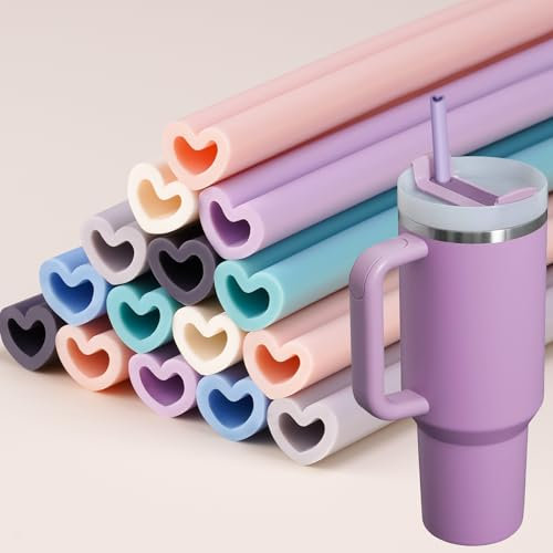 Tomorotec 12.2 Heart Shaped Reusable Silicone Drinking Straws 15PCS w/ 2 Brushes, Fit for Stanley Tumbler 40oz 30oz 20oz, Customizable for Various Drinkware, BPA-Free, Safe for Teeth (Macaron Colors)