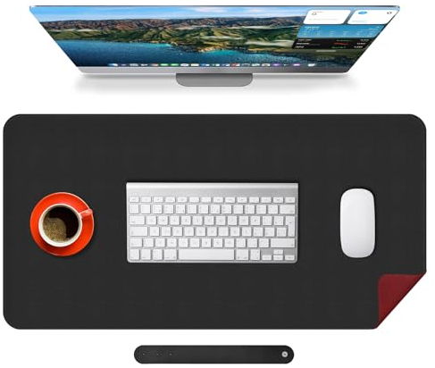 Mouse Mat Large Non-Slip Waterproof PU Leather Stitched Edges Mouse Pad for Desk Writing Home Office (Black+Red80, 80 * 40)
