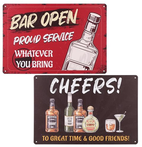 2pz Insegne per Bar, 20x30cm Bar Aperto Cartello & Cartello per Saluti al Divertimento e Ai Buoni Amici Metallo Vintage Decorazioni pub Regali per la Parete Della Caverna del Negozio Bar Retrò