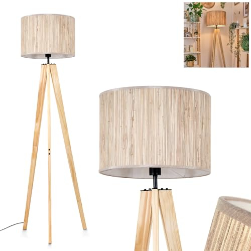 Stehleuchte Bongal, Stehlampe aus Holz/Seegras in Naturfarben, Leuchte im skandinavischen Design mit rundem Schirm (Ø 40 cm) u. Fußschalter, Höhe 162 cm, 1 x E27, ohne Leuchtmittel