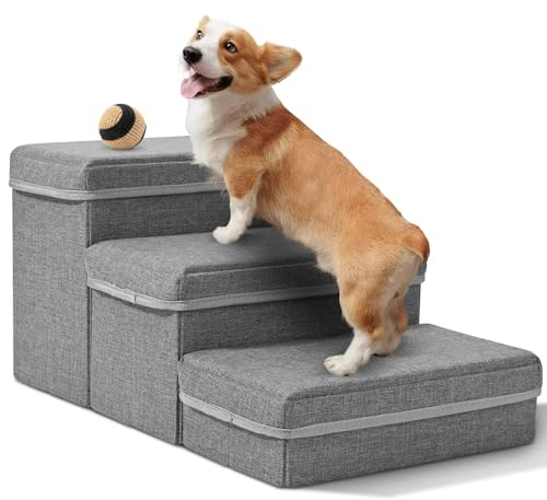 SenDeluz Scaletta per Cani 3 Gradini, Scala Pieghevole Scala per Cani e Gatti con Scatole Portaoggetti per Cani e Gatti Piccoli per Divano e Letto, 60cm x 36cm x 30cm