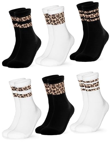 Occulto Damen Leoparden Muster Tennis Socken 6er Pack (Modell: Nala) Schwarz Weiß 39-42