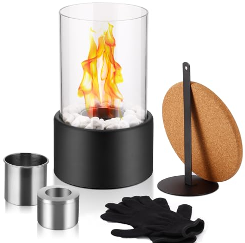 Chimenea de mesa de bioetanol con piedras decorativas blancas y 2 cámaras de combustión para una duración infinita de combustión, portátil, bioetanol, pequeña chimenea para interior/exterior, balcón,