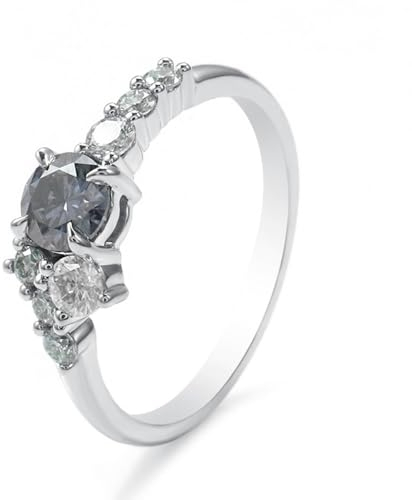 Frauen Ring Verlobung, Bandring Platin 14 Karat Weißgold Größe 47 (15.0) 2 Moissanit 2Ct Rundschliff Grau Grün Gravur Für Verlobung