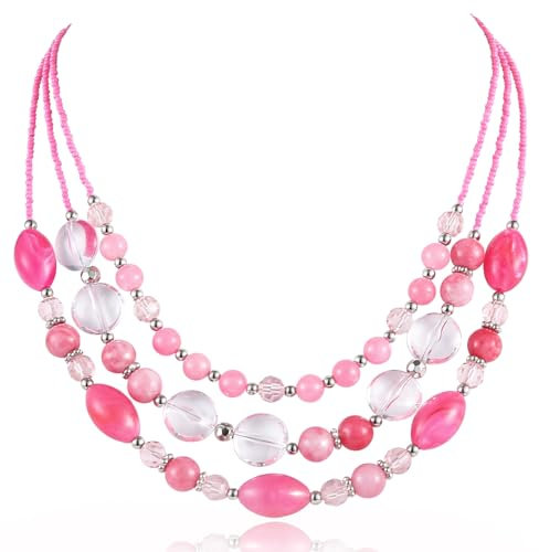 FULU AUTUMN Perlen Statement Kette Damen Silber Mehrreihig Perlenkette Chunky Bunt Modeschmuck Valentinstagsgeschenk für Sie(Hot pink)