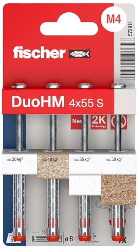 fischer - Cheville Bi-Matière DuoHM 4 x 55 pour Corps Creux, avec Vis à Tête Cylindrique, Empreinte PZ - Blister de 4