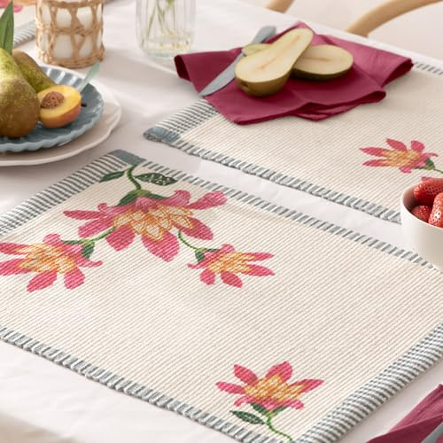 furn. Wylder Claudia Placemats – Indoor/Outdoor Washable Floral Blue Heritage Stripe Set of 4 Quick Drying Table Mats (Candy Red - 46x36cm)