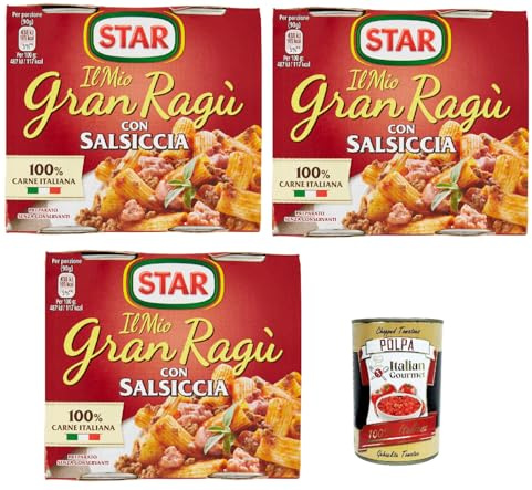 Italian Gourmet Il Mio Gran Ragù ragù con salsiccia Pastasauce Set 6 x 180g | Sugo ricco al pomodoro, Tomatensoße mit Fleisch, pronta per primi piatti, Gesamtnettogewicht 1,08 kg + Kostenlos Polpa 400g
