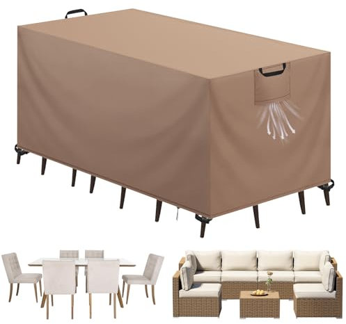 Aujink Funda Mesa Exterior Impermeable, Funda para Muebles de Jardín, Cubierta para Muebles de Jardin Tela Oxford 420D Anti Viento Anti UV Funda Protectora Mesa Exterior, Caqui,125x63x74cm