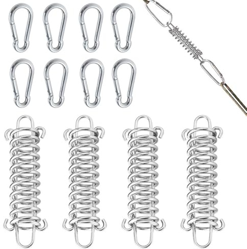 4 Stück Festmacher Feder mit 8 Stück Karabiner, Edelstahl Zugfedern mit Ösen für Sonnensegel Befestigung Spannfedern Spannfeder Sprungfedern Spannfeder Sonnensegel Stahlfeder für Strand und Segel-Zelt