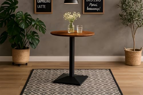 SAM Bistrotisch Brasilia | 60 x 60 cm rund | Akazienholz massiv | Farbe: Nussbaum | Schweizer Kante | Säulenfuß Metall Schwarz | pflegeleichter Küchentisch/Kleiner Esstisch/runder Säulentisch