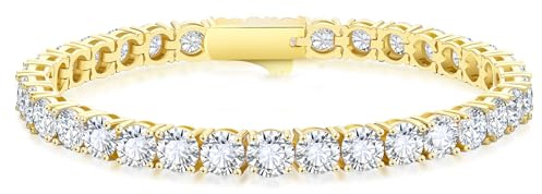 KRKC&CO Tennisarmband Armband Damen, 5mm Tennis Armband 14K Gold beschichtet, Zirkonia Kristall Armbänder Gold Iced Out, Hochzeit Geburtstag Geschenk für Frauen Mädchen [Größe 17,8cm]