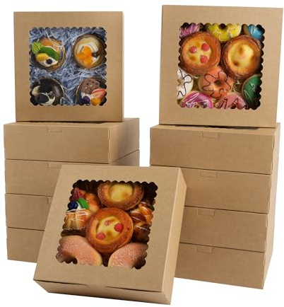 KEYIDO 20 Pack Kraft Cookie Boxes, 8x8x2.5 Inch Bakery Boxes with Clear Window, Square Cardboard Gift Packaging Boxes for Donuts Desserts Biscuits Muffins Pies Cupcakes Party Favours