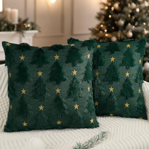 Miaikoe Weihnachtskissenbezüge 40x40 cm 2er Set Grün Weihnachtsbaum Stern Kissenbezüge weiche Plüsch Fälschungsfell für Feiertage Winter Zuhause Coach Sofa Dekoration
