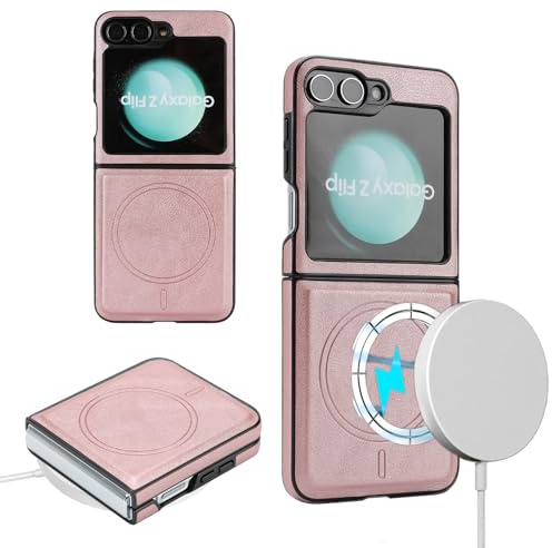 YNlinuofg Magnetic Case for Samsung Galaxy Z Flip 5 (Rose Gold) | Supports Wireless Charging, Premium PU Leather, Shockproof Protection,Protective Cover for Samsung Galaxy Flip5