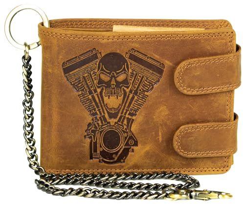 Portefeuille motard pour homme en cuir cognac avec tête de mort et moteur V2 gaufré – Portefeuille avec chaîne, protection RFID, 10 emplacements pour cartes, compartiment à monnaie et compartiment