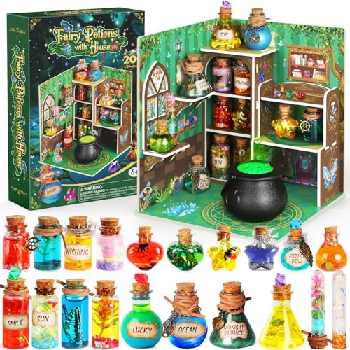 Zaubertrank-Set mit Feenhaus für Mädchen, 20 Tränke & Glückssteinen | 9 Rezepte & Zaubertrank-Kessel, Feengarten-Tränke-Set, DIY magische Aktivitäten für Kinder, Geburtstagsgeschenk ab 6 Jahren